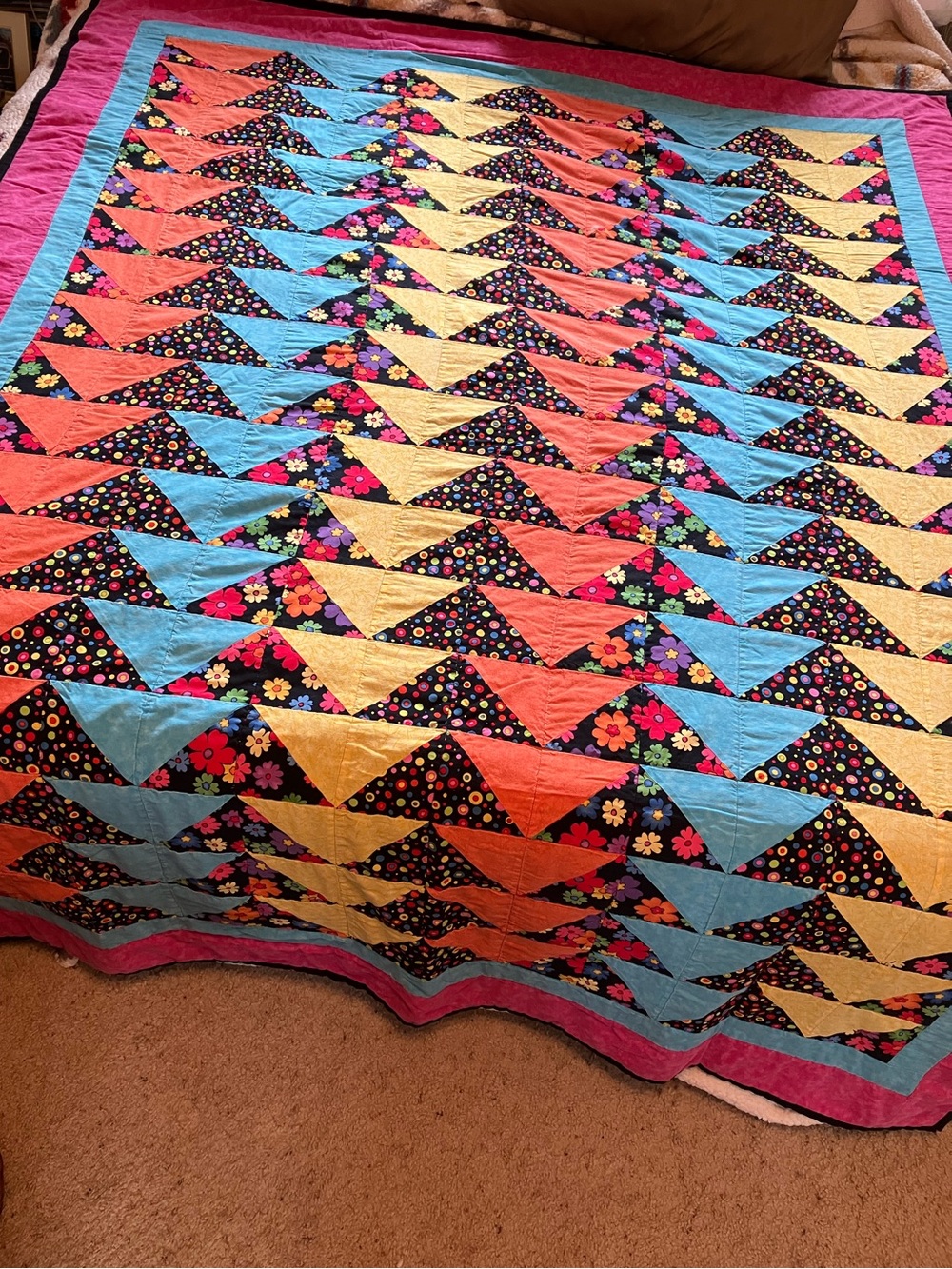 Vintage 90’s cotton patchwork Girl’s Twin bed cover quilt pink turquoise black